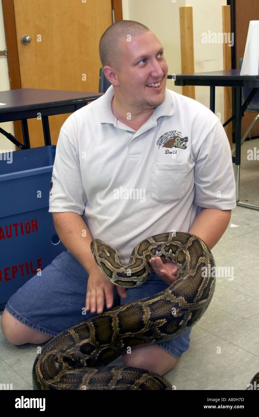 A snake owner showing his burmese python Stock Photo - Alamy
