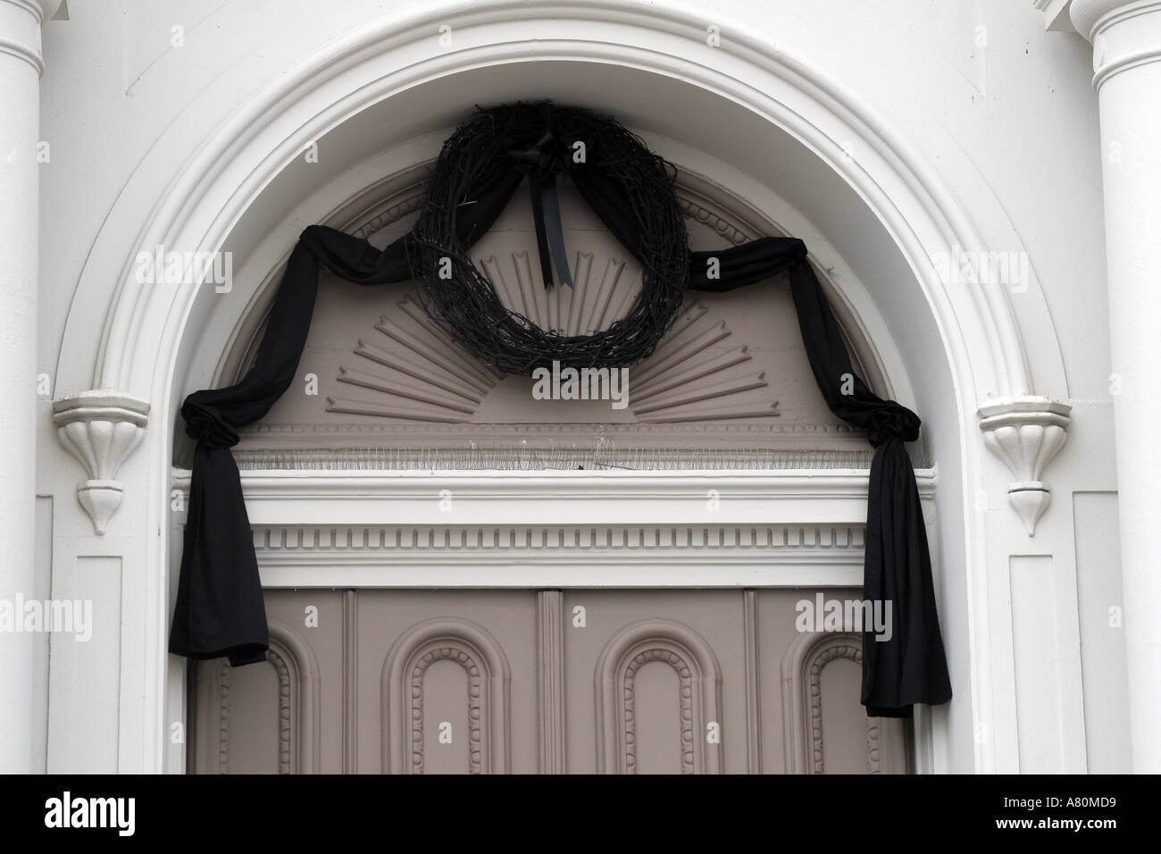 Black ribbons and wreath at the St Louis Cathedral in New Orleans Louisiana in memory of Pope John Paul II  Stock Photo