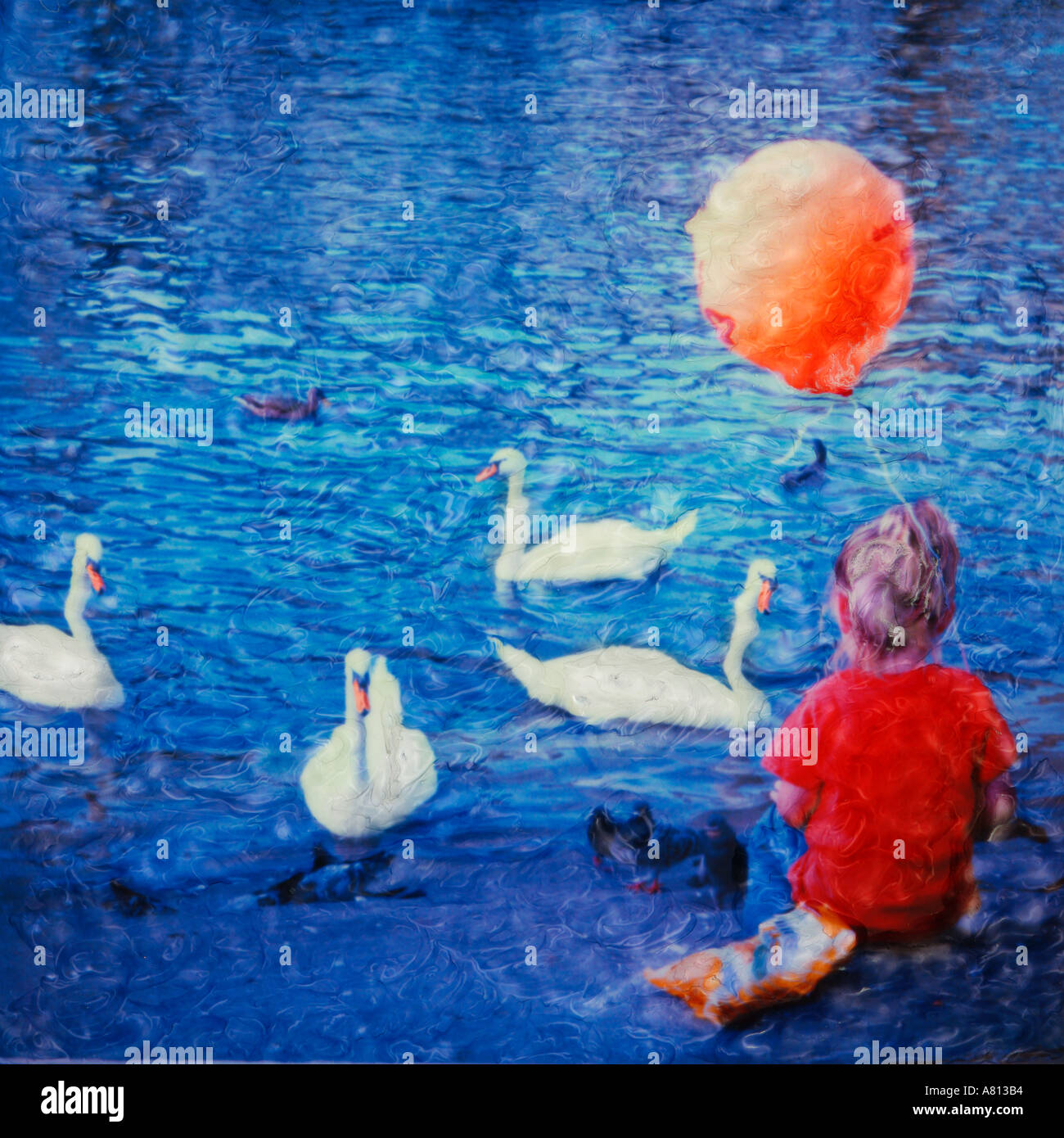 Little girl with orange balloon watching swans in Lucerne Switzerland  Polaroid sx 70 manipulated photograph Stock Photo - Alamy