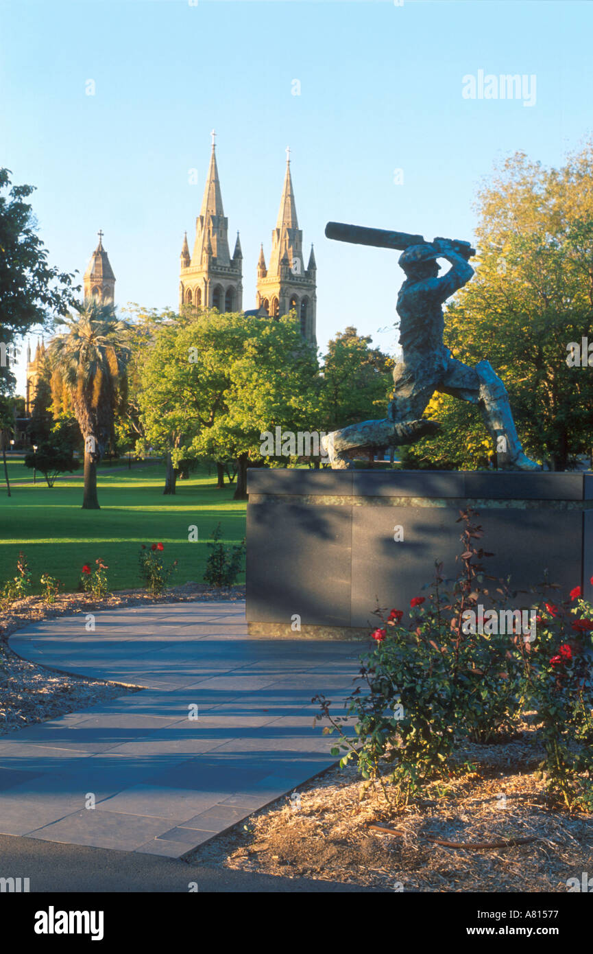 STATUE OF DONALD BRADMAN IN GARDEN ADJACENT TO THE ADELAIDE OVAL WITH