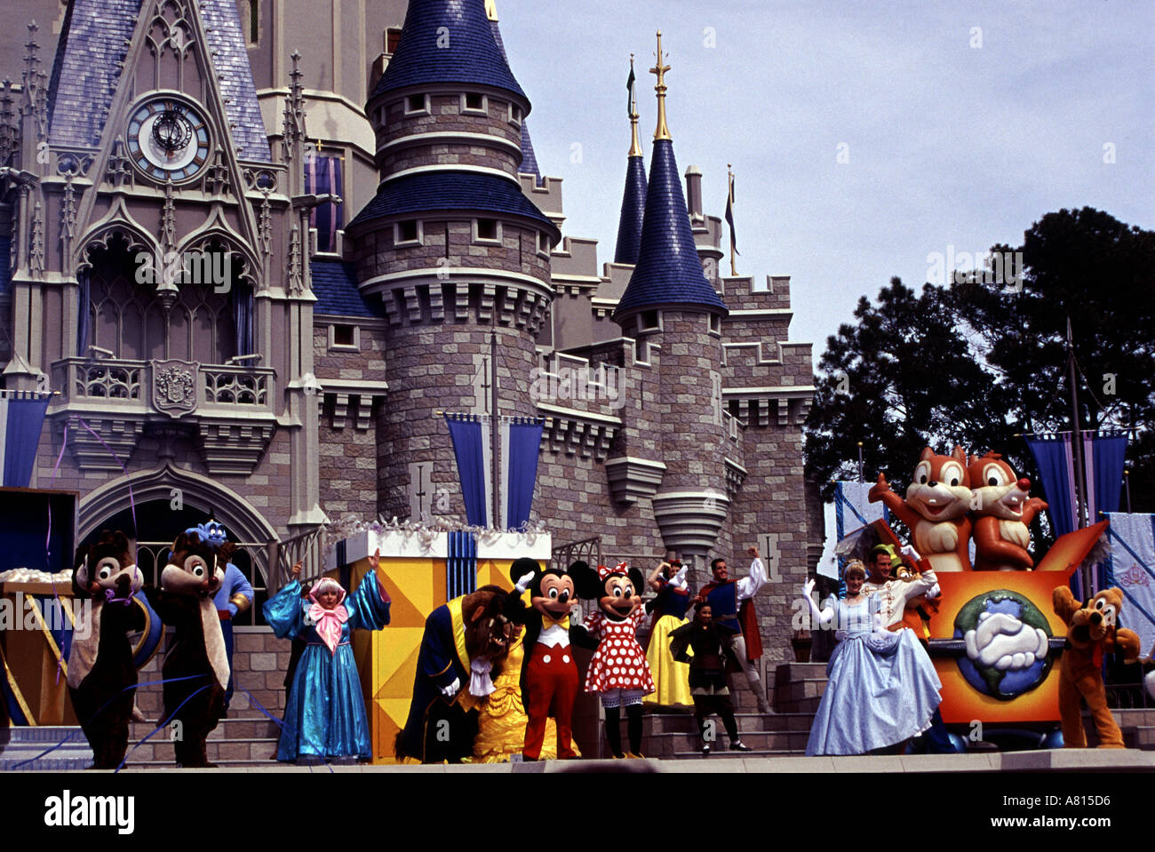 Disney characters at Cinderellas castle Disney World Florida USA Stock Photo