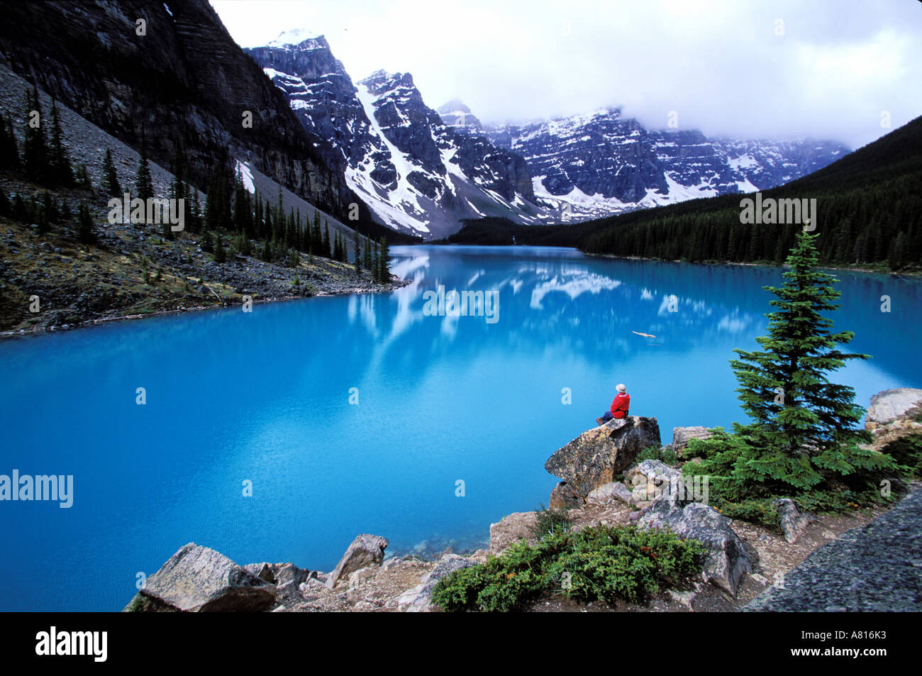 Canada, Alberta, Rockies National Parks, the Moraine lake in the Banff park, hiker Stock Photo