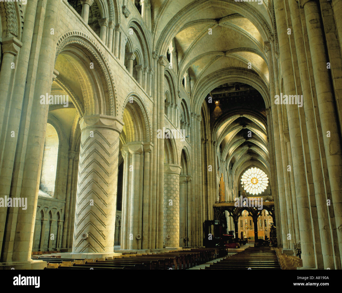 Interior view east along the nave of Durham Cathedral, Durham City