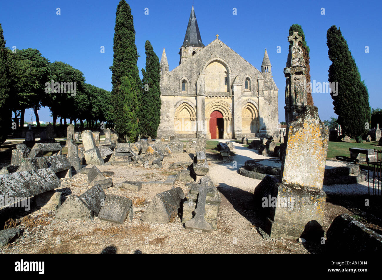 France, Charente Maritime, Aulnay, Western front of Saint Pierre church on the road of the pilgrims of Compostela Stock Photo