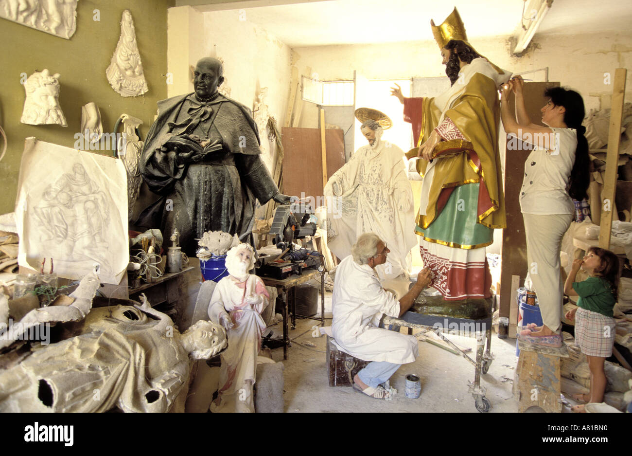 Malta, Fgura, sculpture workshop of Alfred Camilleri Cauchi, sculptures for festas Stock Photo