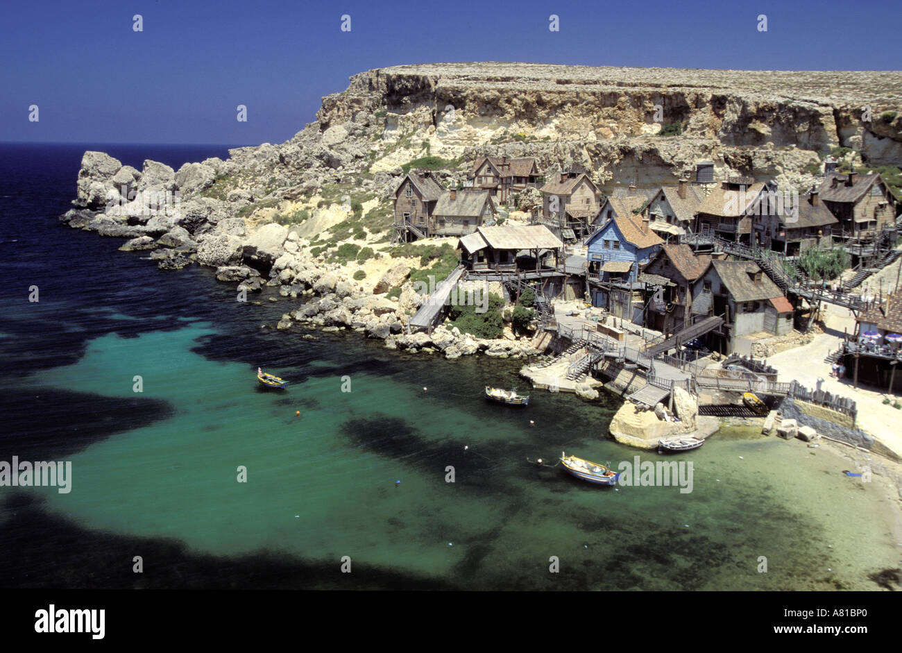 Malta, Anchor bay, Popeye's village (the film's set) Stock Photo