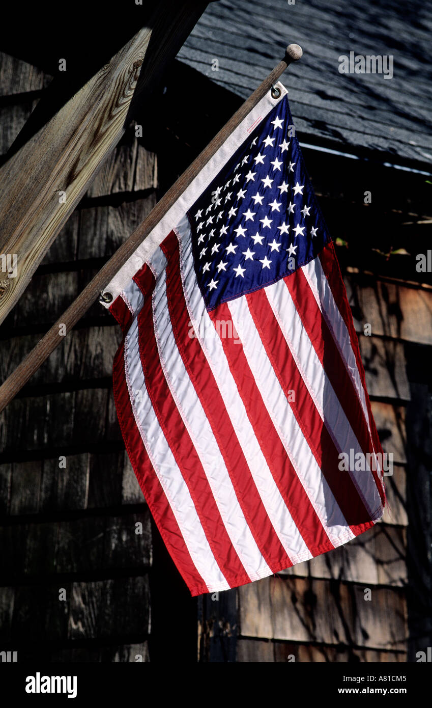 United States, Massachussets, Rockport, North of Boston, North Shore, American flag on a house in Bearskin Neck district Stock Photo
