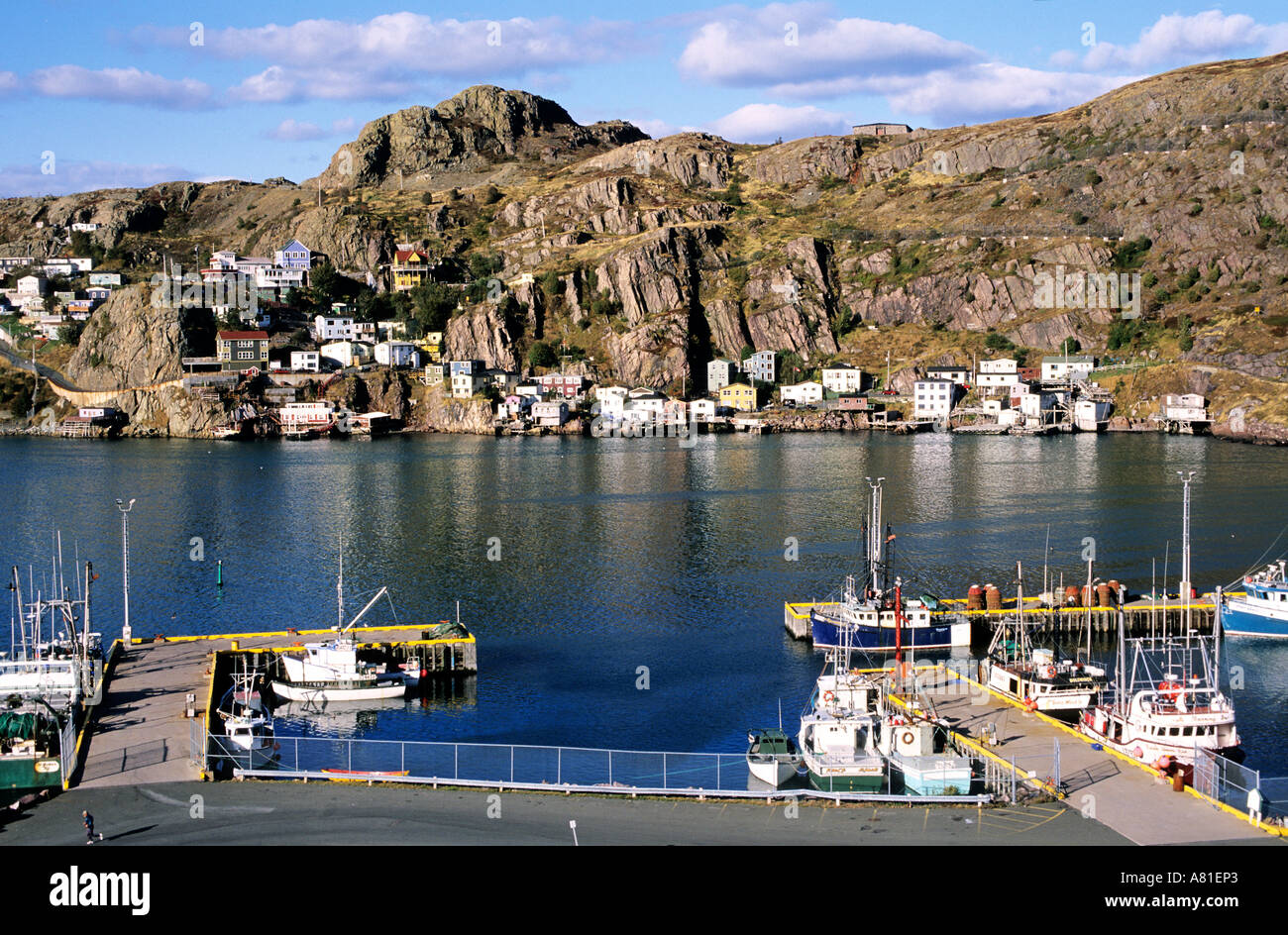 Canada, Newfoundland, like a small village, a group of houses down below Signal Hill in St. John ës harbour Stock Photo