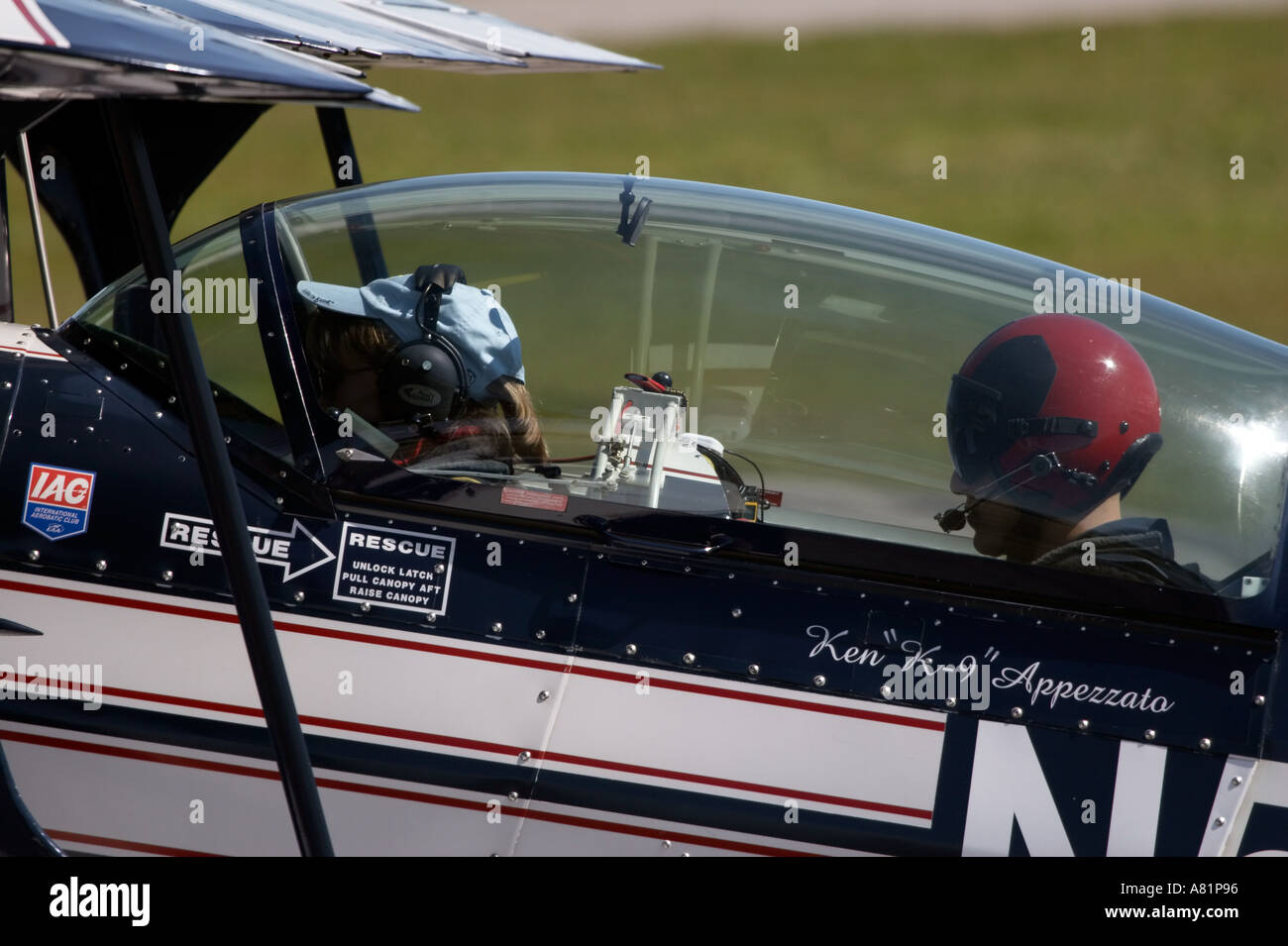 Pilots in a Pitts S 2B Aerobatic Biplane Stock Photo