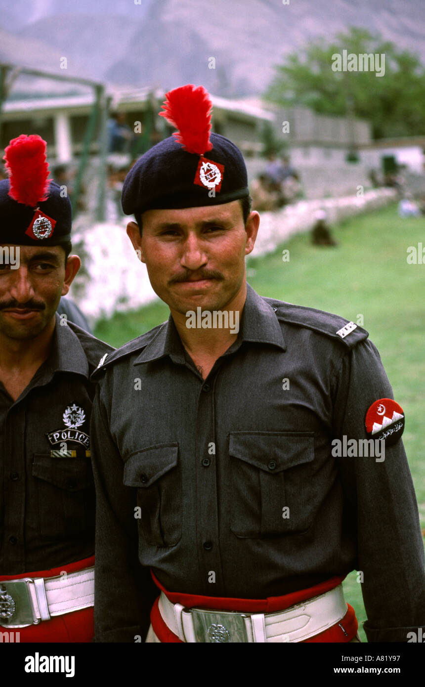 Pakistan Azad Kashmir Gilgit sport police in dress uniform before polo game Stock Photo
