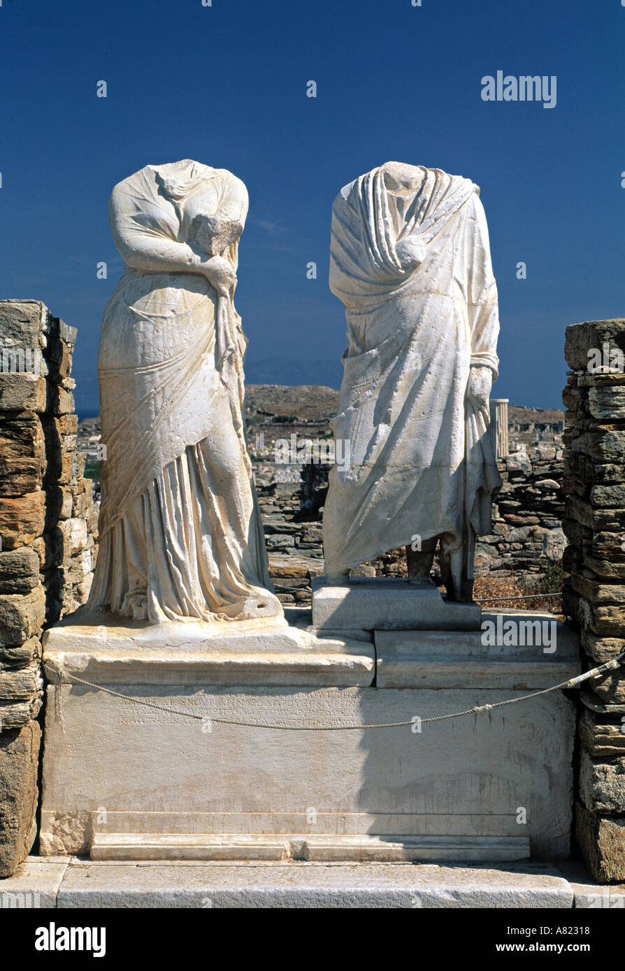 Statues of Cleopatra & Dioscrides, Delos, Cyclades, Greece Stock Photo