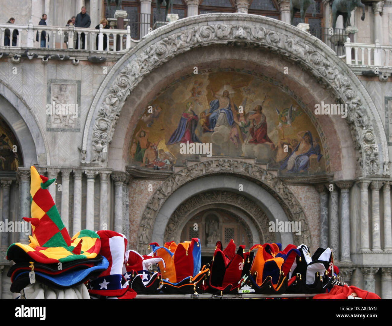 Hat stall in front of entrance to St Marks Cathedral, Venice, Italy Stock Photo