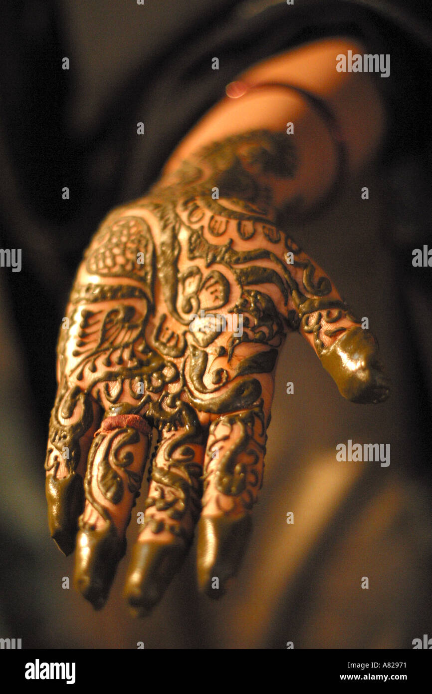 A henna painted hand India Stock Photo