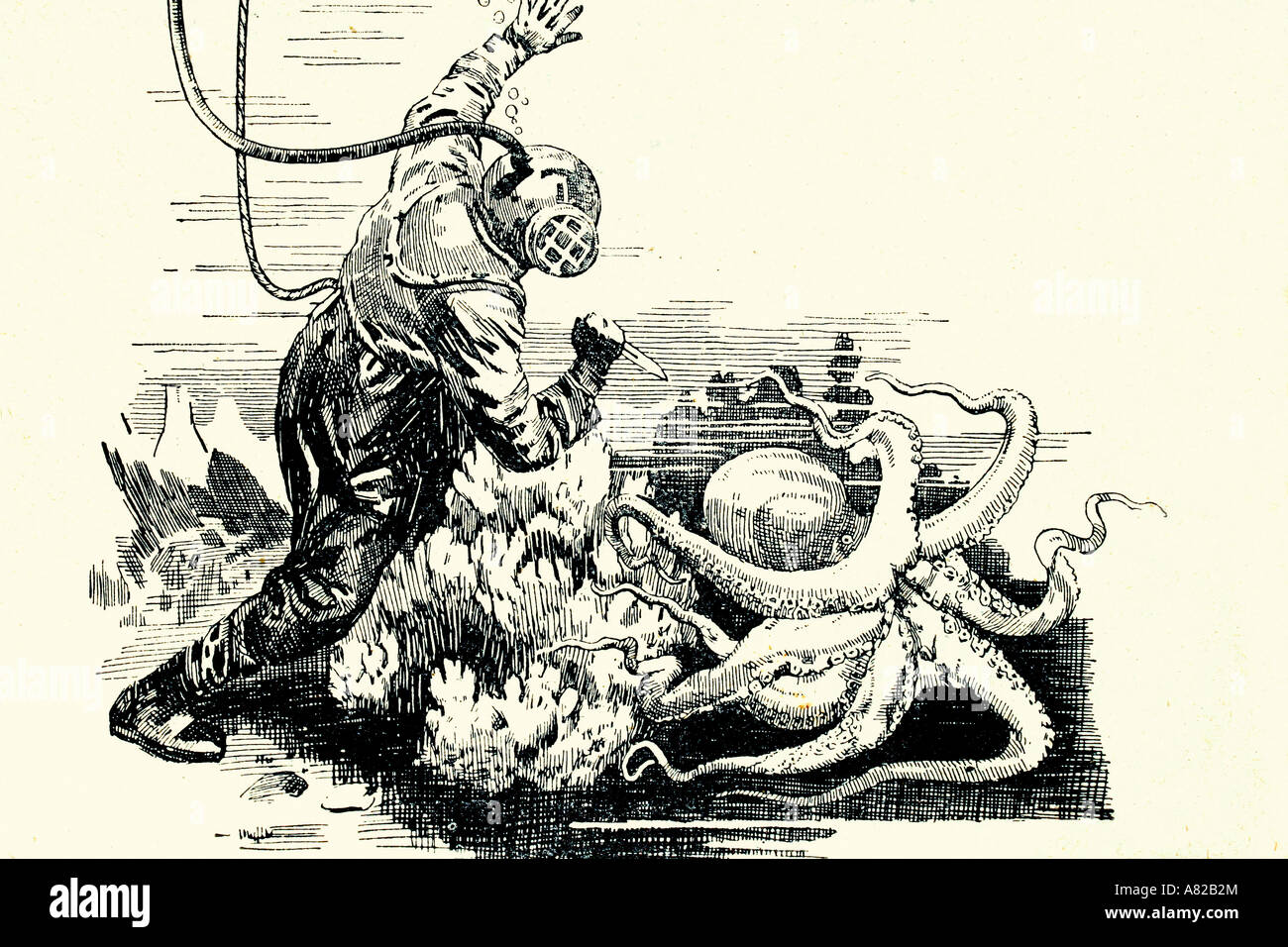 Diver fighting against a big octopus. Antique illustration. 1933 Stock Photo Alamy