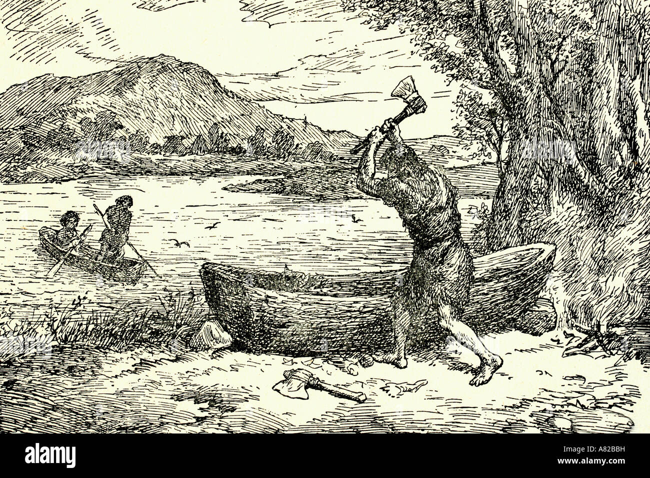 Neolithic period. Primitive canoes. Antique illustration. 1924 Stock Photo