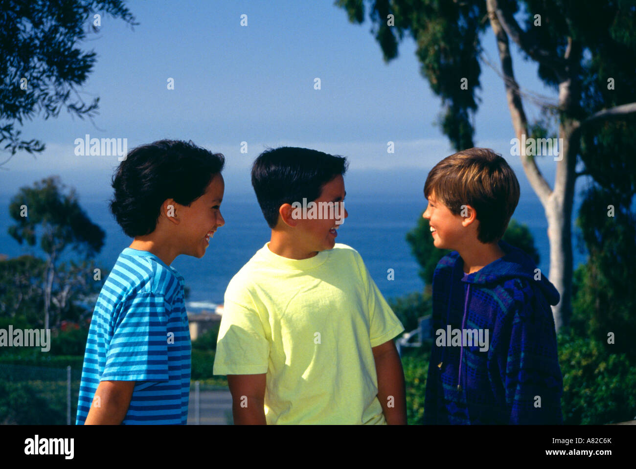 young person people Three young boys 11-13 year olds old hang hanging out park on hillside overlooking ocean US USA America Myrleen Pearson Stock Photo