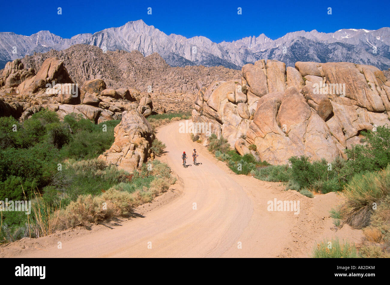Mountain bikers on dirt road in the Alabama Hills under Mount Whitney ...