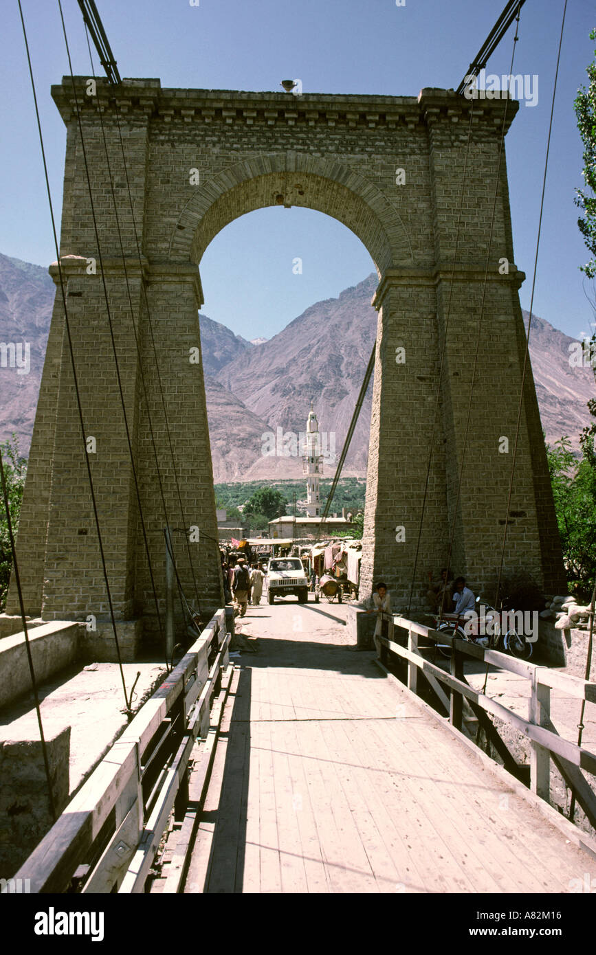 Pakistan Azad Kashmir Gilgit tower of the old suspension bridge leading to Gilgit Stock Photo