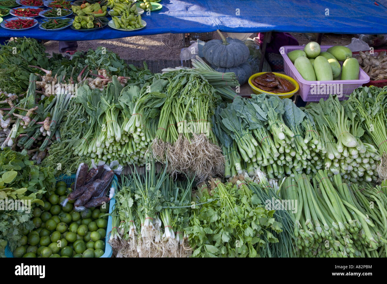 Onions & Green Vegetables on Thailand market stall Stock Photo - Alamy