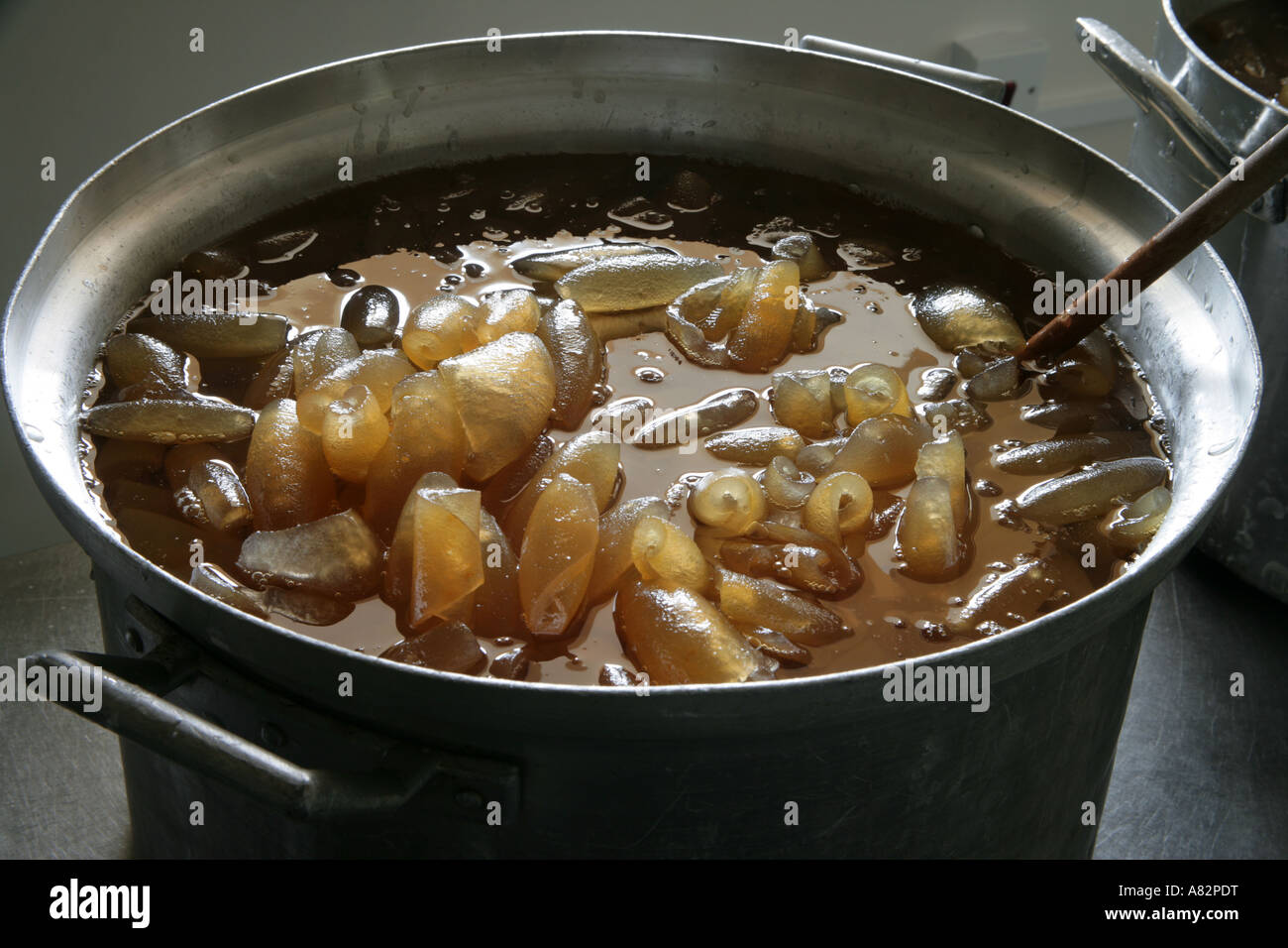 Bergamot peel peel of Citrus aurantium subs bergania marinating in syrup to make a Cypriot sweetmeat Stock Photo