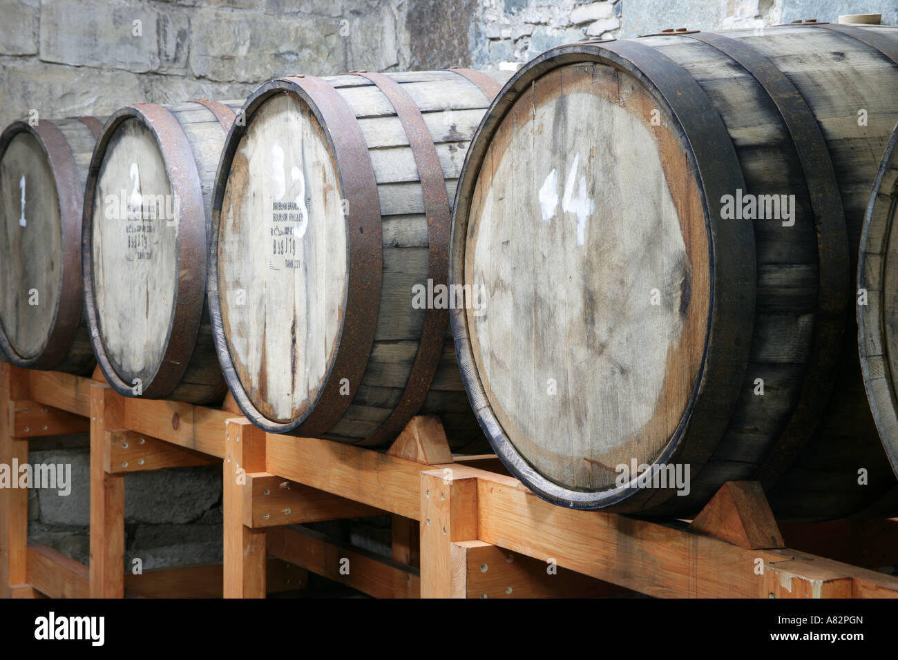 Vintage wine casks once used to hold Jim Beam Bourbon Stock Photo