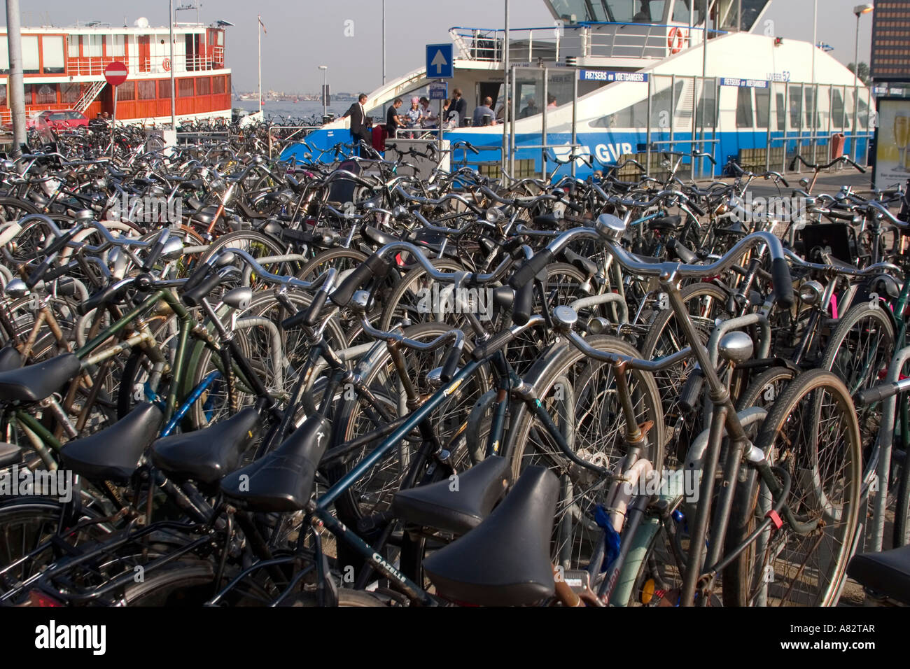 Amsterdam bicycles near the main station at the ferry pier Stock Photo