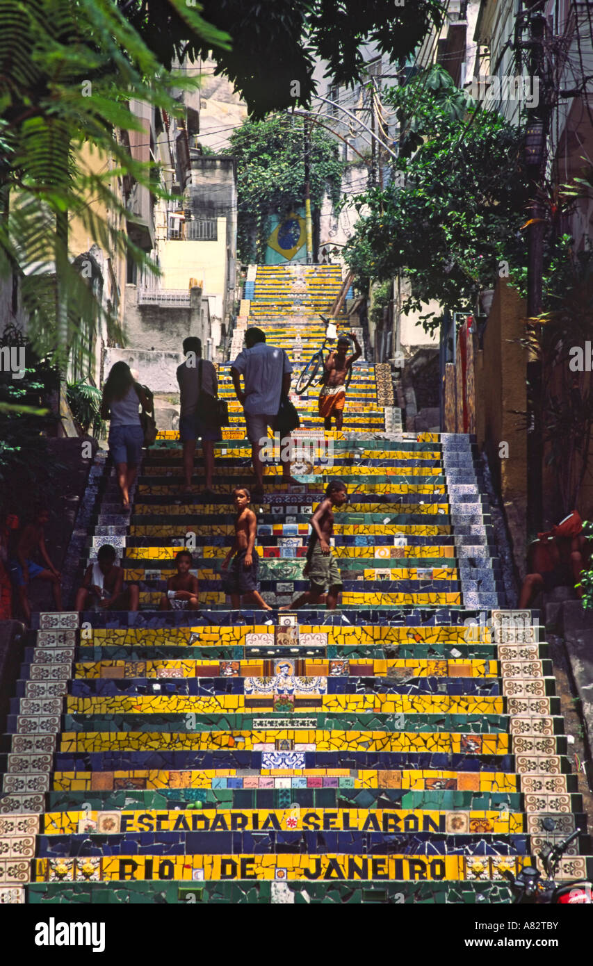 Rio de Janeiro Santa Teresa colorful stairs made of cermamic by an local artist local people cariocas Stock Photo