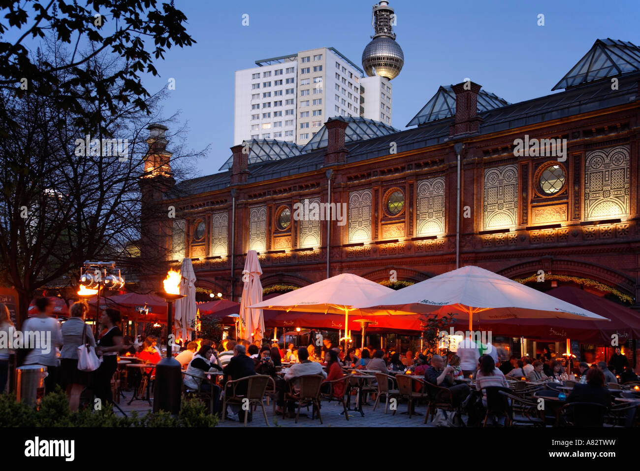 Berlin hackesch market in summer tourist magnet with cafes restaurants S Bahn station people Stock Photo