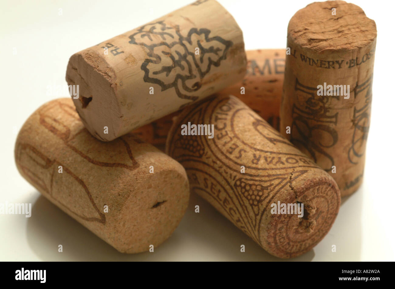 various cork wine bottle stoppers in random pattern close up Stock