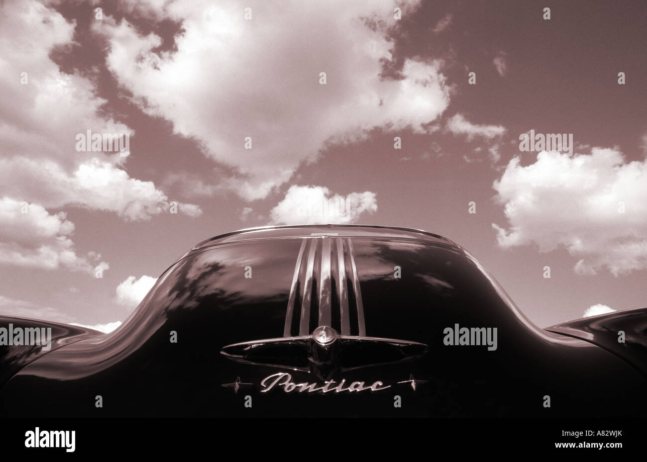 Pontiac of 1949. American car manufacturer 1926 to date. Pontiac car auto badge American abstract art sky Stock Photo