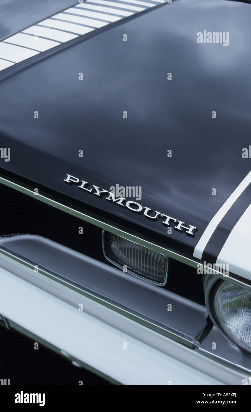 Plymouth Valiant Duster of 1970. American car manufacturer 1928 to date. Plymouth car auto badge marque American motif make Stock Photo