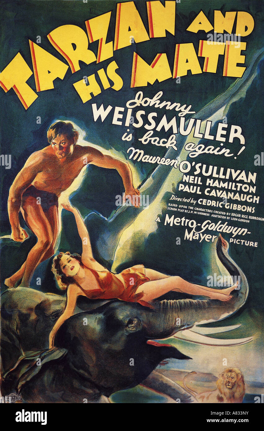 TARZAN AND HIS MATE - poster for 1934 MGM film with Johnny Weissmuller and Maureen O'Sullivan Stock Photo