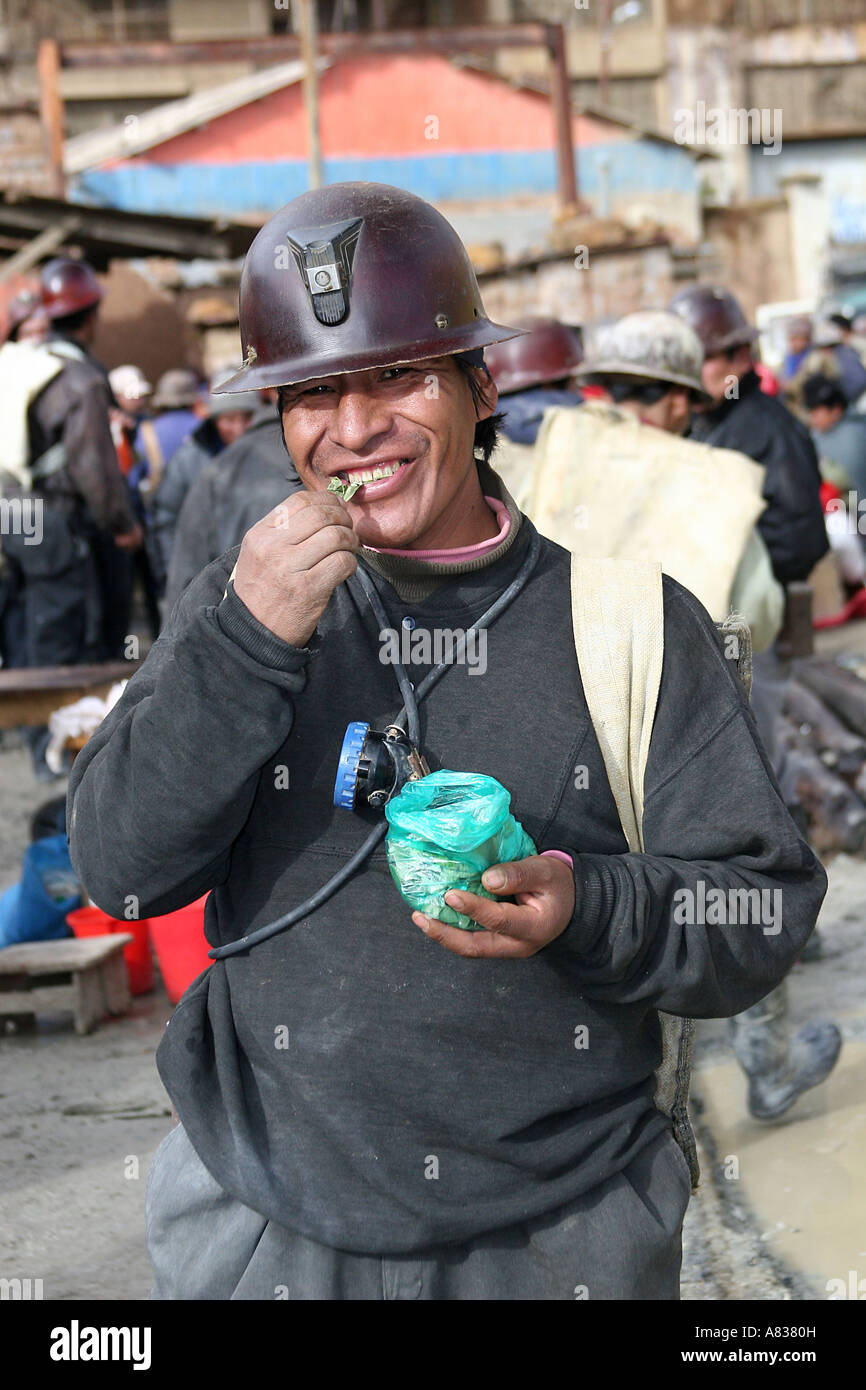 Miner chewing coca leaves in Siglo XX, Potosi, Bolivia Stock Photo