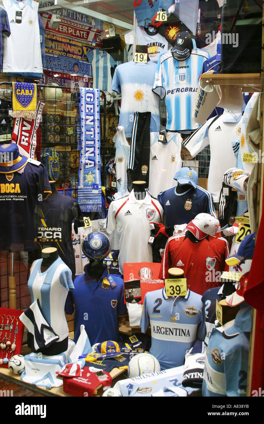 Sports shop shop window in Buenos Aires Argentina displaying football  clothing Stock Photo - Alamy