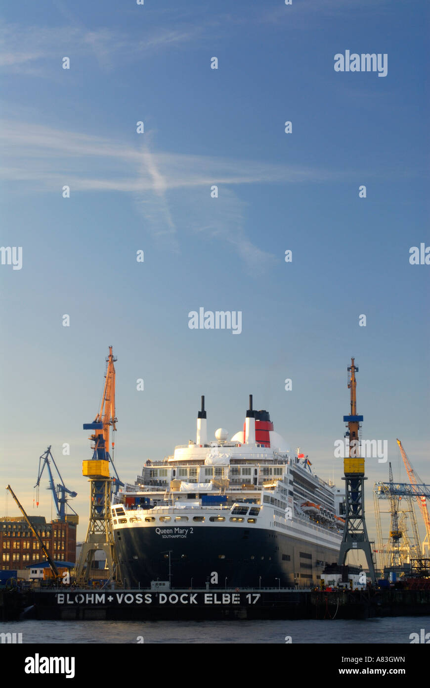 The cruise ship 'Queen Mary II' in the dry dock of the shipyard Blohm + Voss in Hamburg, Germany Stock Photo