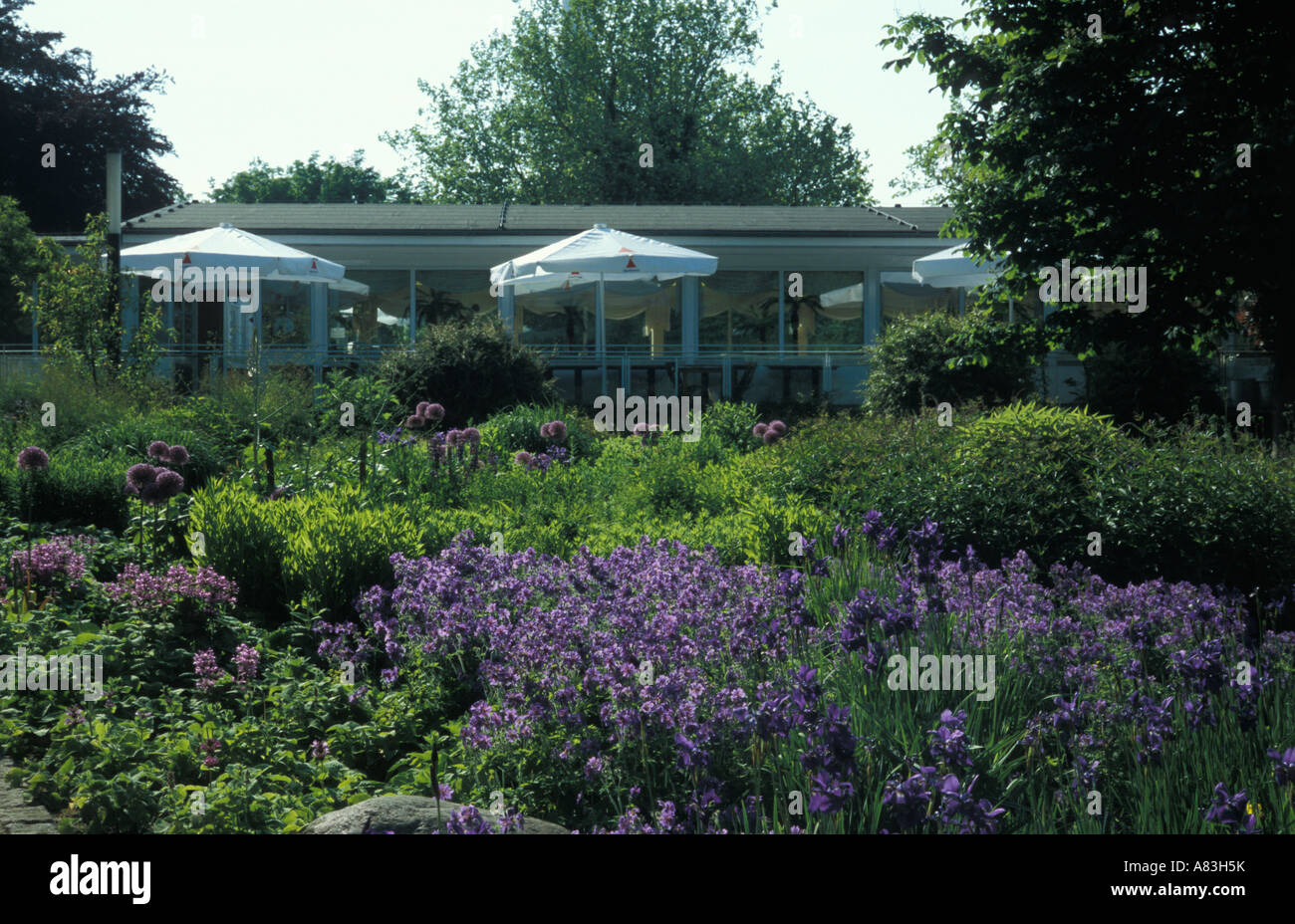 Cafe Seeterrassen in park Planten un Blomen in the city centre of Hamburg, Germany. Stock Photo