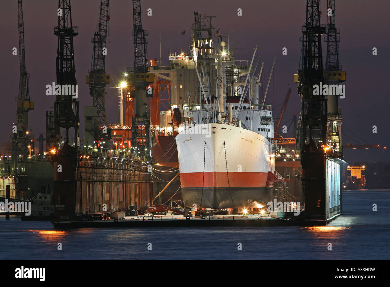 The museums ship Cap San Diego in the swimming dock of shipyard Blohm + Voss in Hamburg Stock Photo