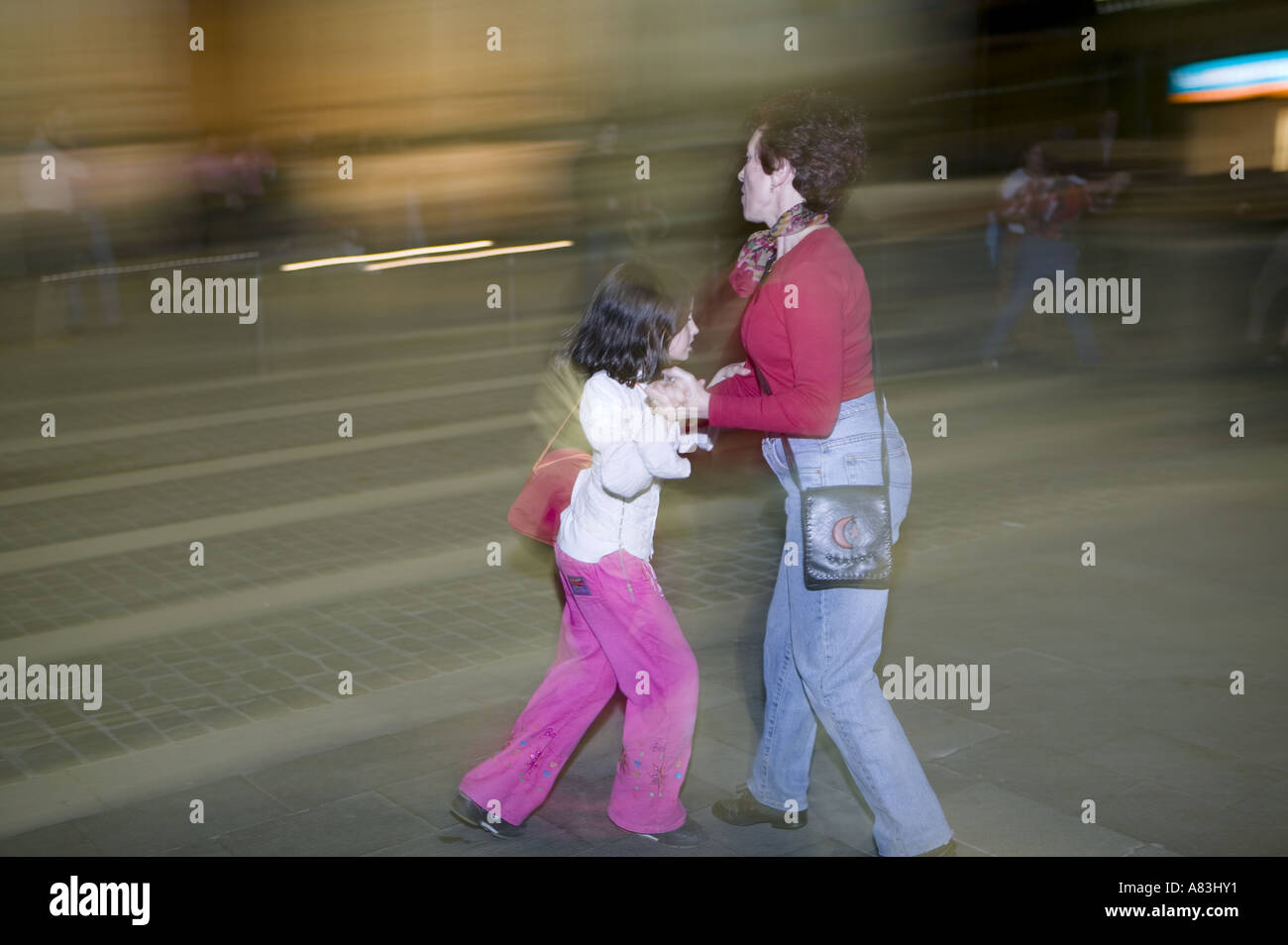 Basque Mother Mother and child perform Basque folk dance in the evening in Plaza ...
