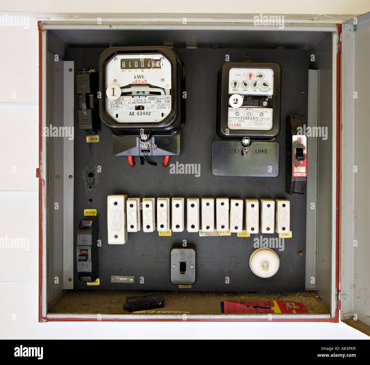 Electricity meter in box with old style fuses, circa 1962 ... old fuse box home 