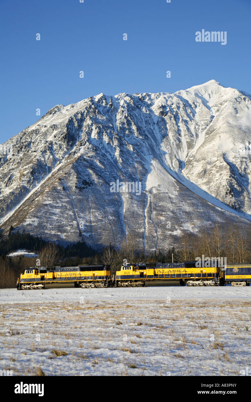 The Alaska Railroad Christmas train on its way to Seward Alaska Stock