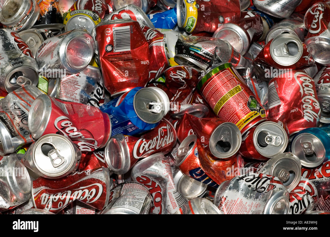 Recycling, pile of aluminum cans Eden Project Cornwall, England, UK