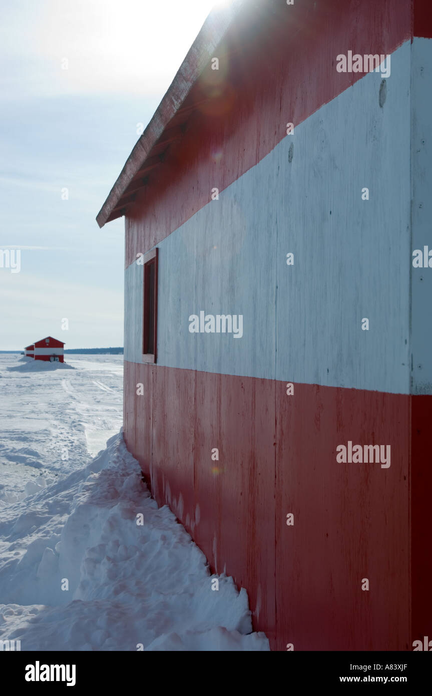 Red And White Rental Ice Fishing Houses Adorn Lake Mille Lacs