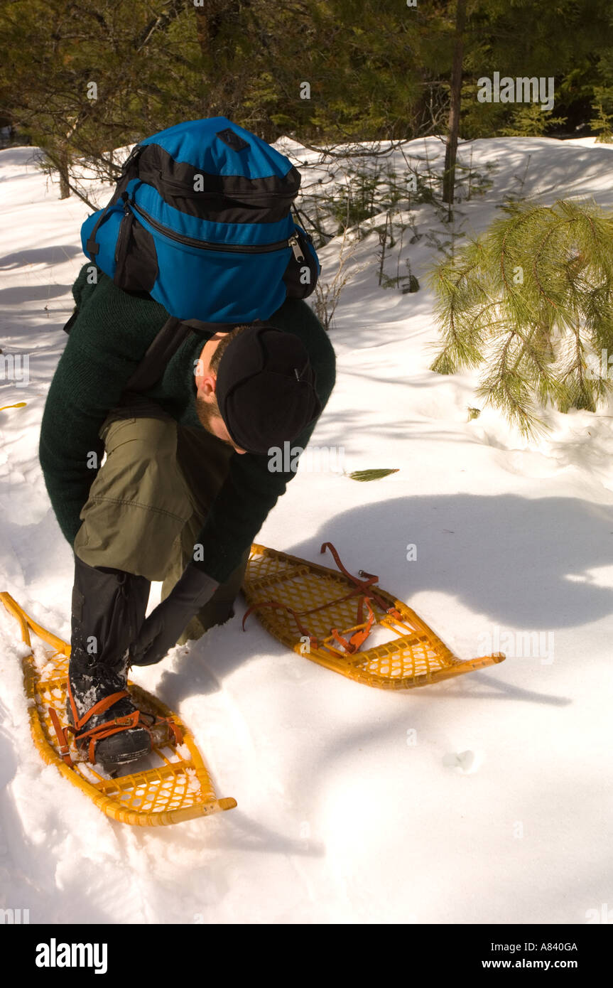 A man straps on his snowshoes for a trek Snowshoe Country Lodge