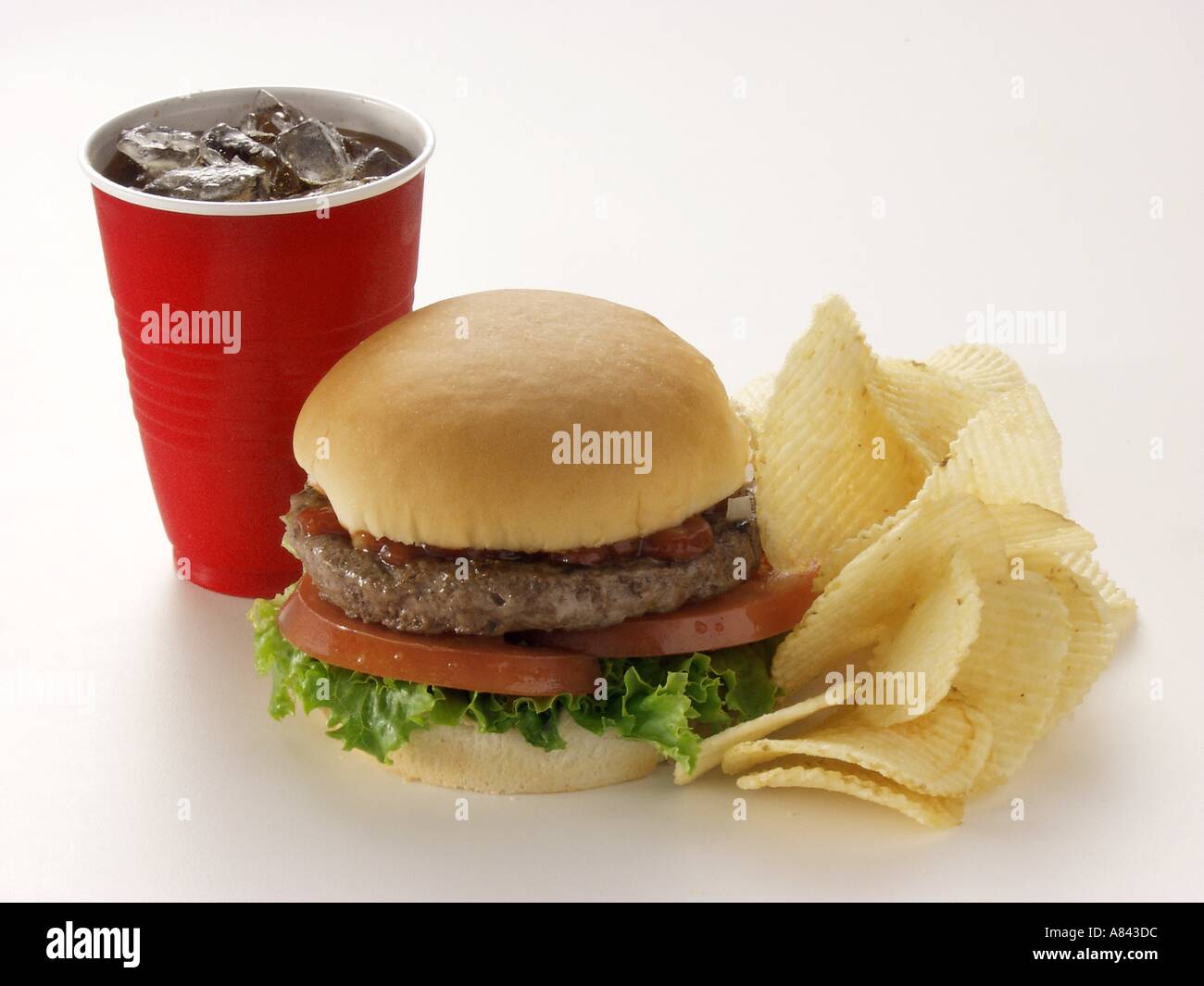 A Hamburger with Potato Chips and Soda Stock Photo Alamy