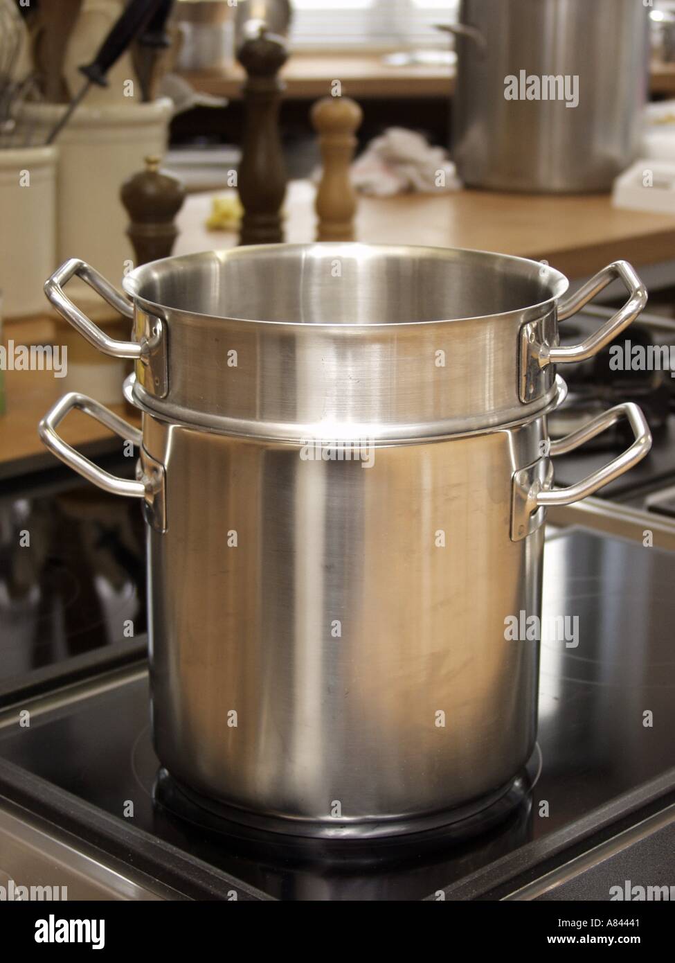 Double Stock Pot on Kitchen Counter Stock Photo