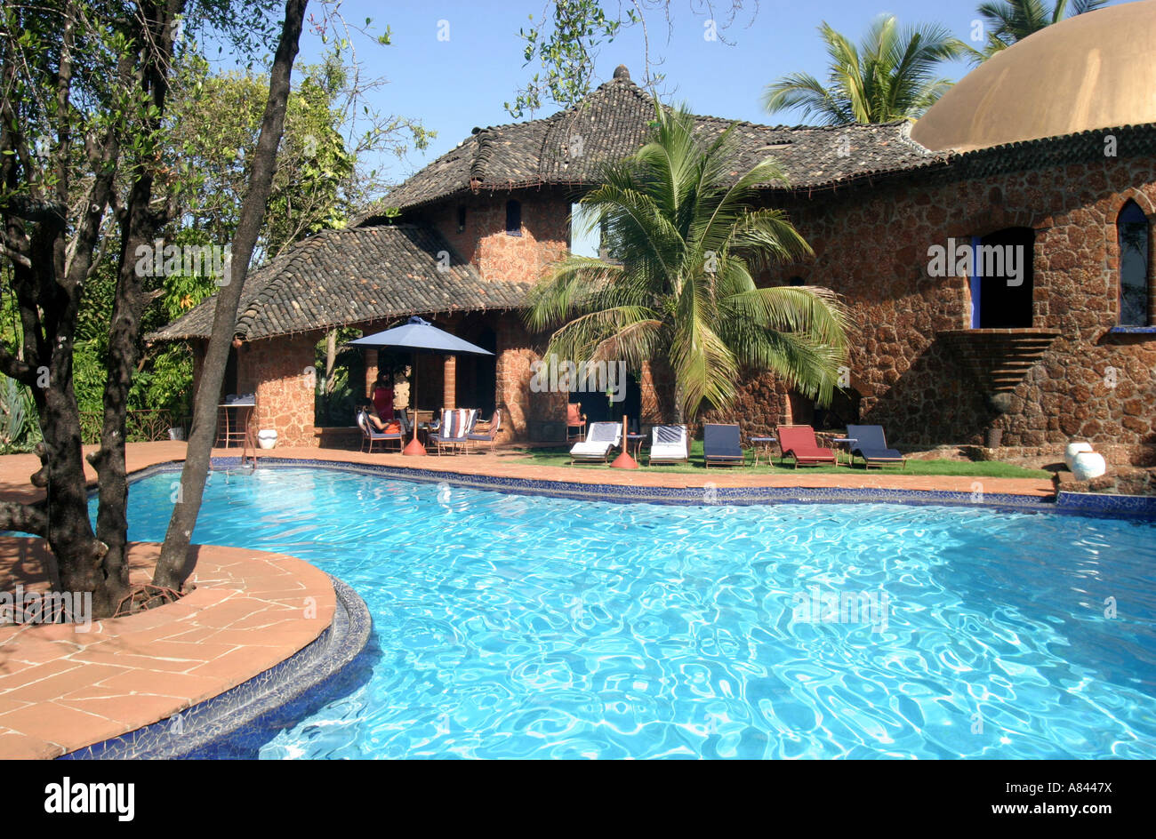 Palm tree frames the freeform pool at the spectacular designer Nilaya Hermitage boutique Hotel in Goa India Stock Photo