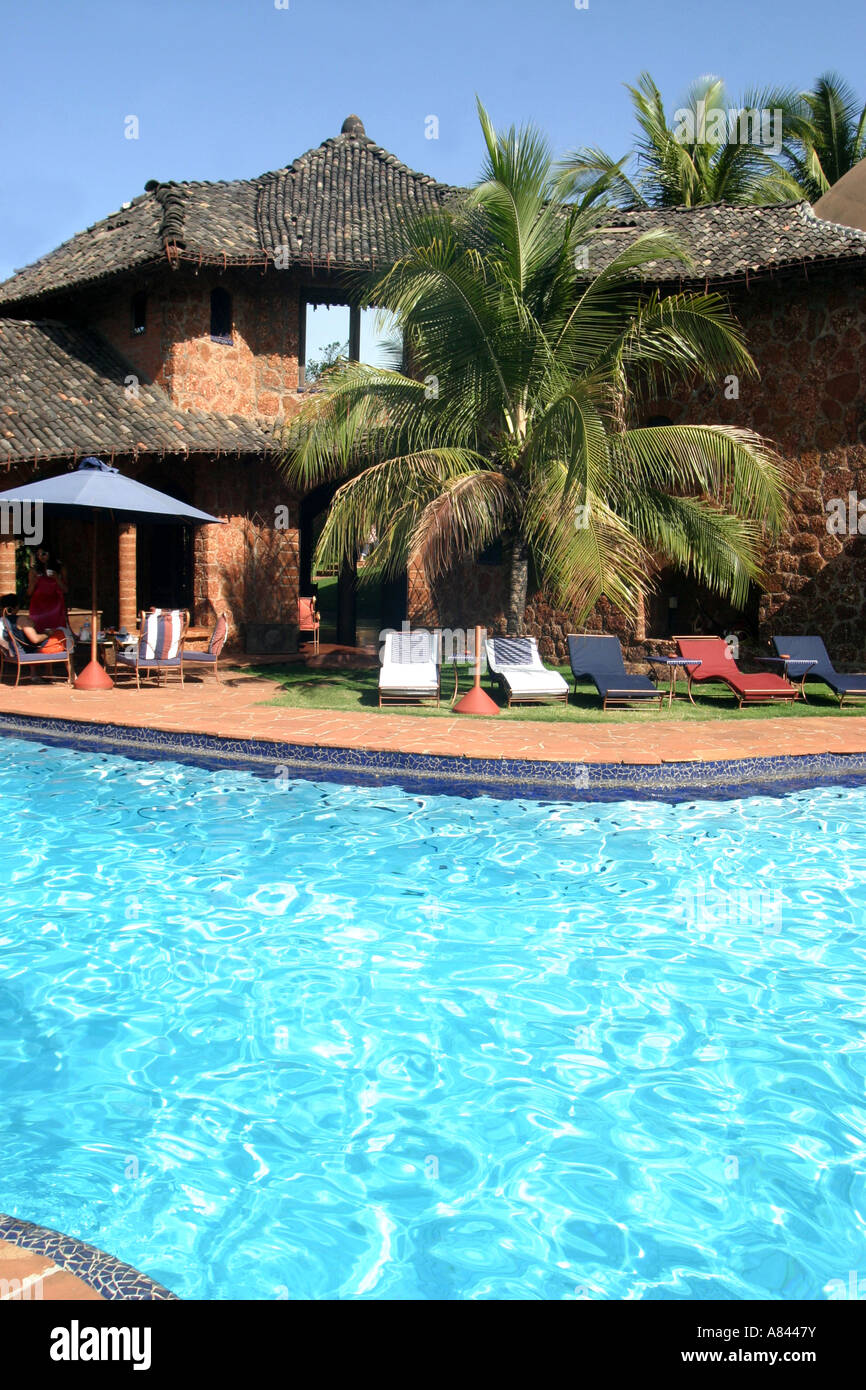 Palm tree frames the freeform pool at the spectacular designer Nilaya Hermitage boutique Hotel in Goa India Stock Photo
