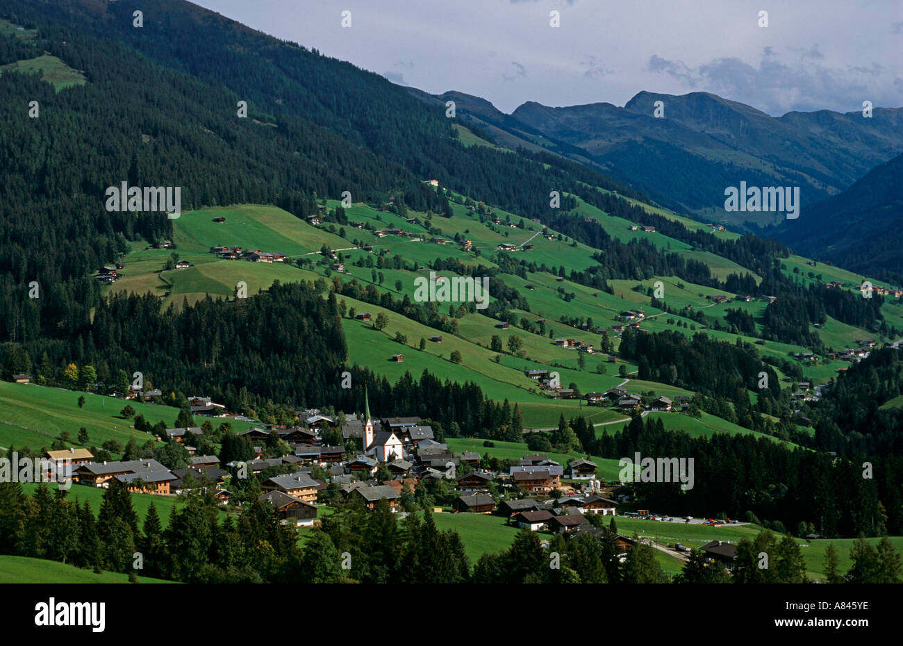 Austria. Alps.  Beautiful, manicured village of Alpbach. This is a major center for tourism,  walkers. Farming still important Stock Photo