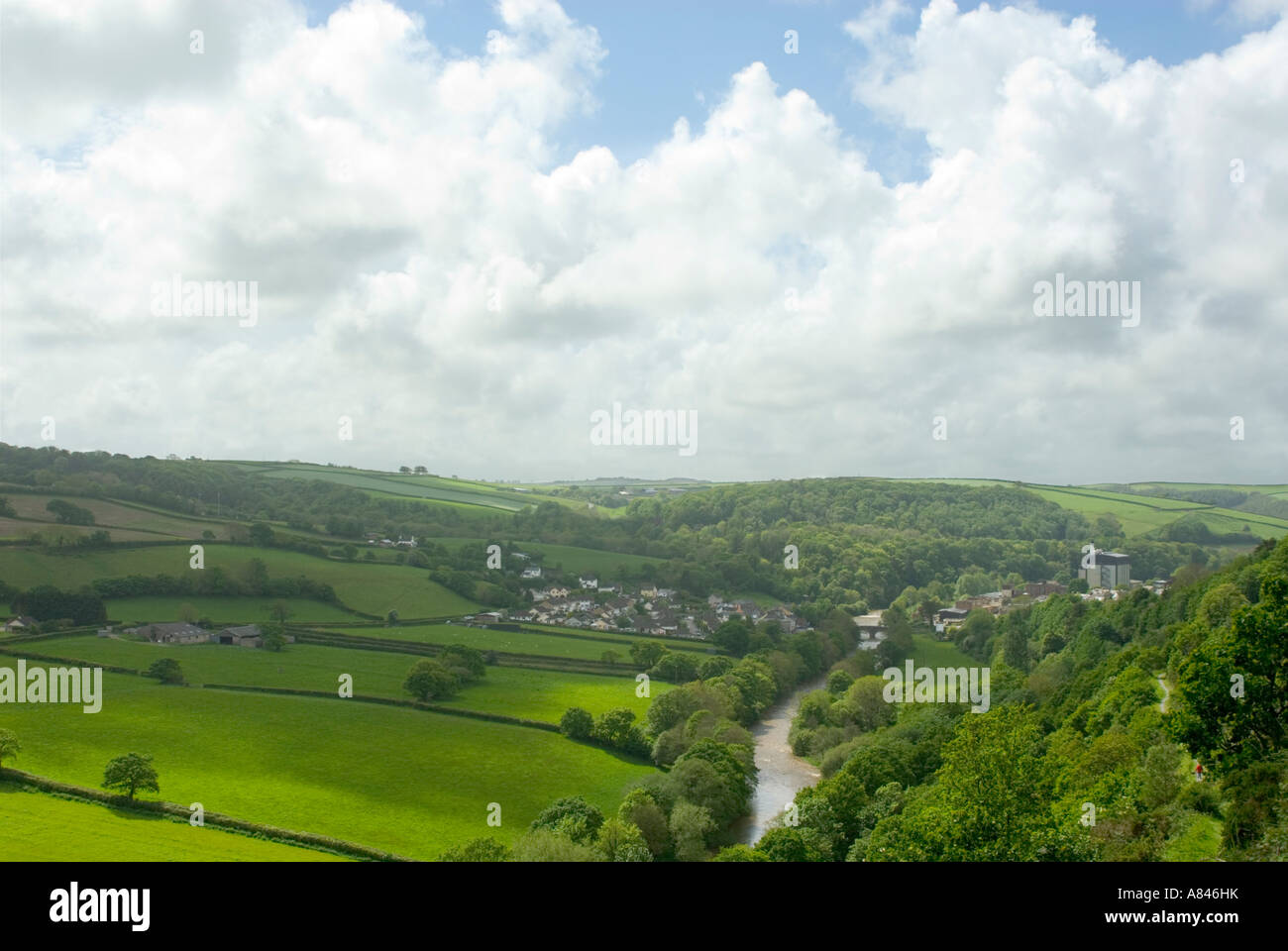 Sunshine and showers. Shower clouds roll over the Torridge valley at Taddiport, Devon, England. Stock Photo