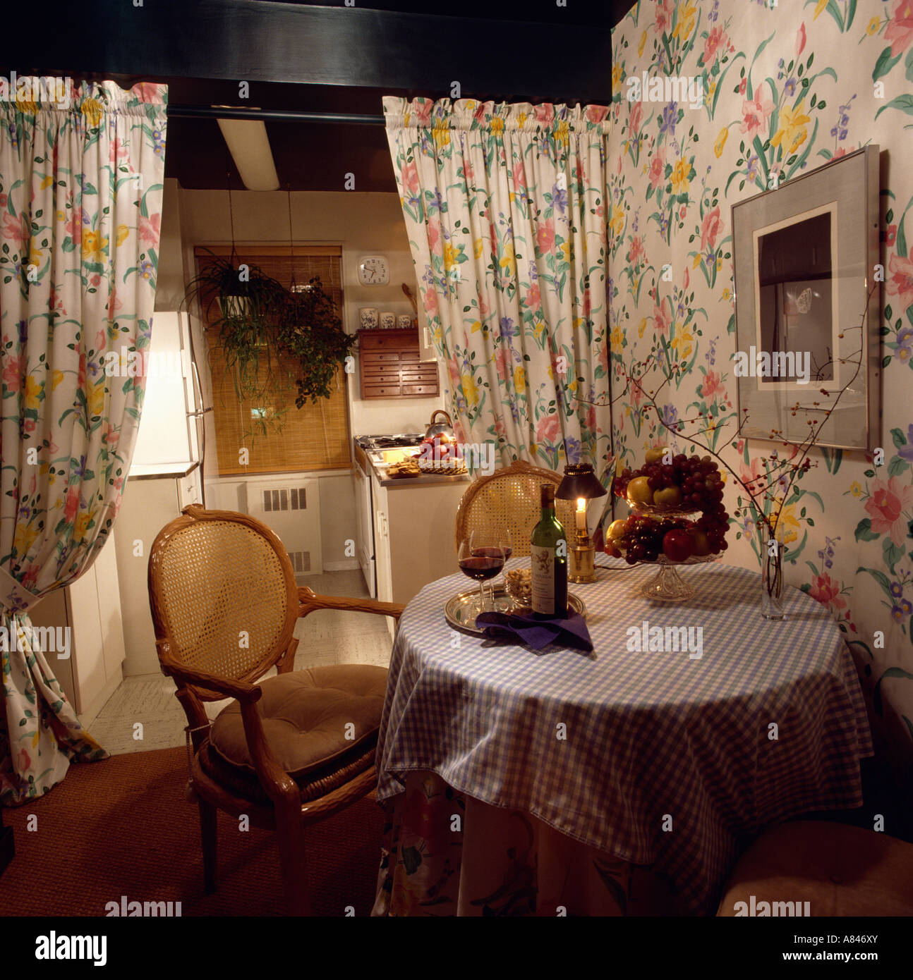 Floral wallpaper matching curtains in hires stock photography and